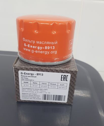 Фильтр масляный G-Energy 8200768913/ W753 / OC 467/ OP643/3/82 00 768 913 LADA: LARGUS 1.6 RENAULT